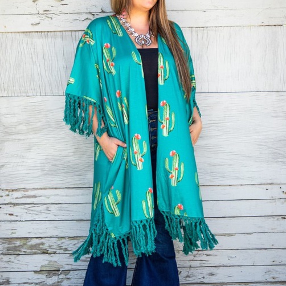 L&B Lucky & Blessed Plus Size Jade Cactus Kimono With Fringe